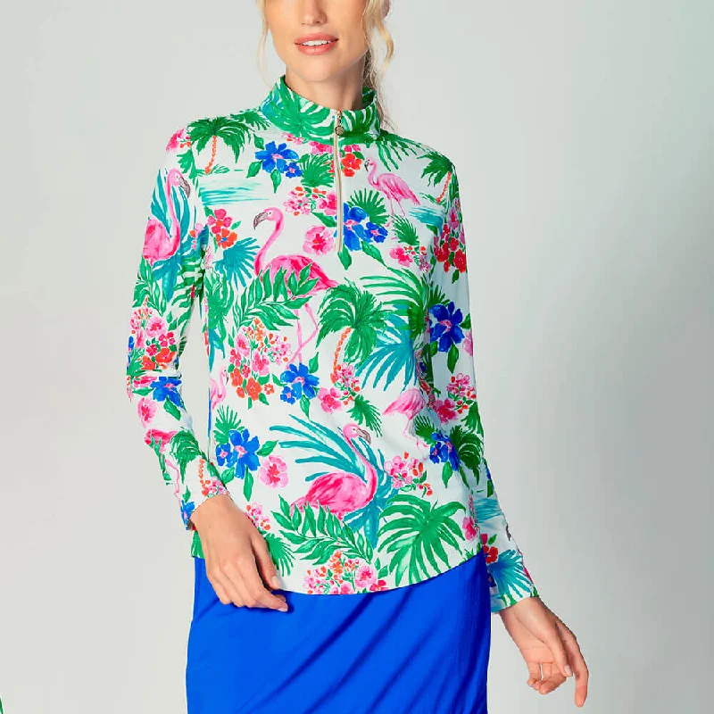 G Lifestyle Print Long Sleeve Zip Mock Neck Top - Flamingo