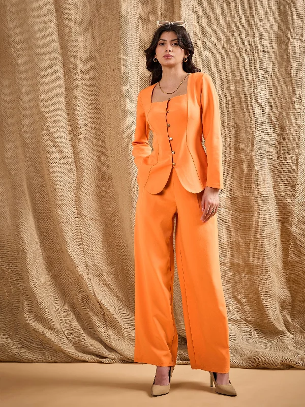 Women Orange Square Neck Front Open Top With Pants