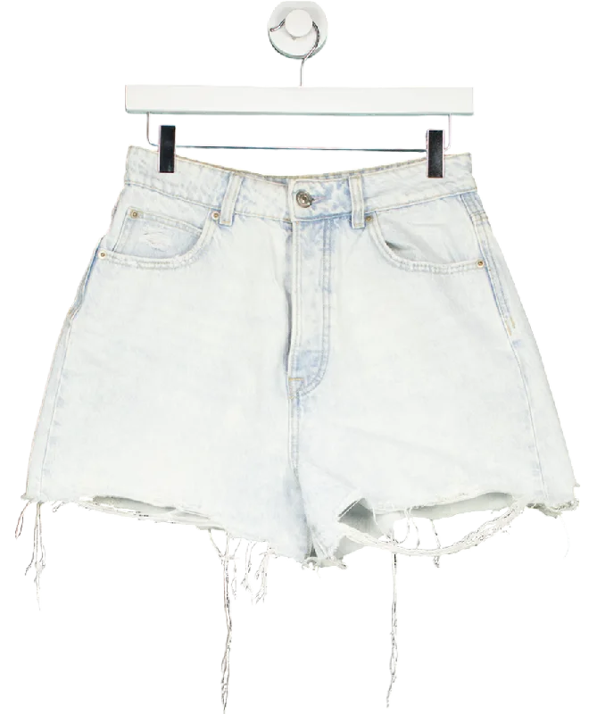 Stradivarius Blue High Waisted Ripped Denim Shorts UK 10