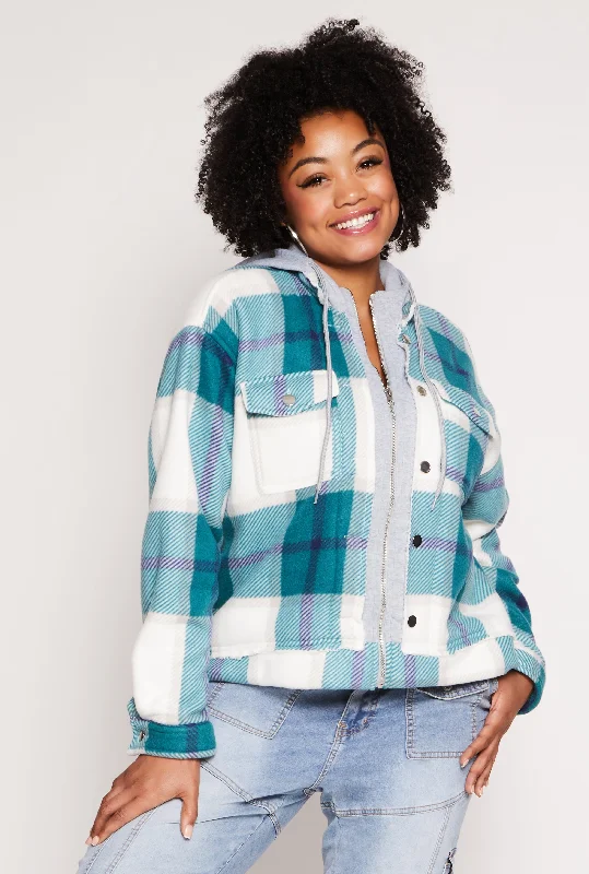 Plus Size Plaid Hooded Zip Front Jacket