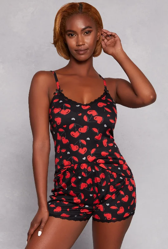 Ribbed Knit Cherry Heart Pajama Cami and Shorts