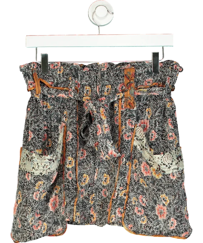 Isabel Marant Black Floral Print Silk Belted Mini Skirt UK 10