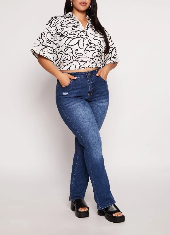 Plus Size Heart Scribble Print Button Front Top