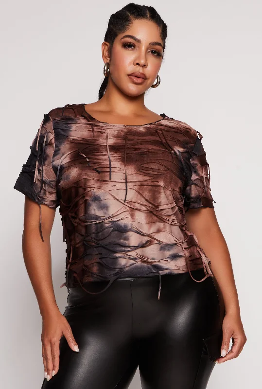 Plus Size Mesh Distressed Short Sleeve Top