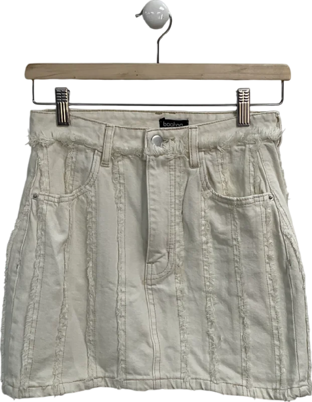 boohoo Cream Frayed Hem Denim Skirt UK 6