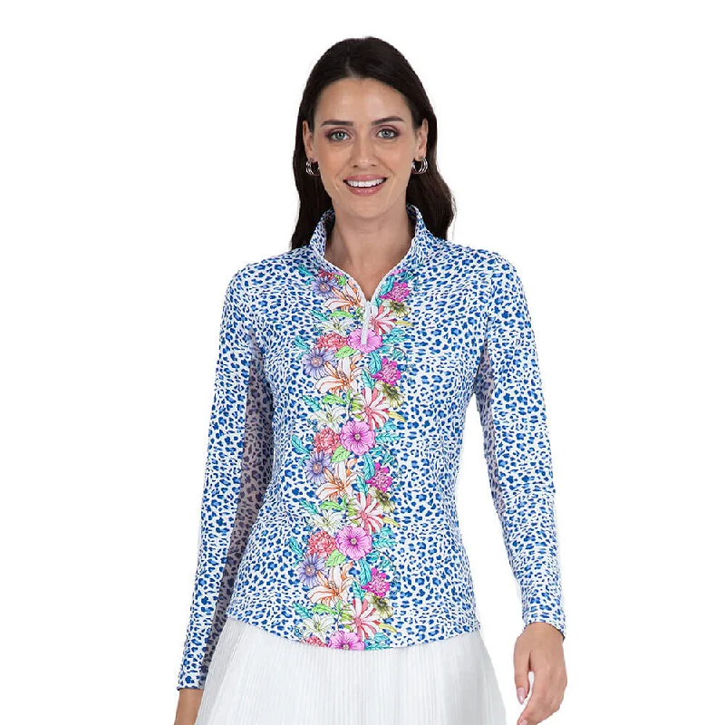 IBKUL Women's Limited Edition Carrie Print Long Sleeve Mock Neck Top - Blue Multi