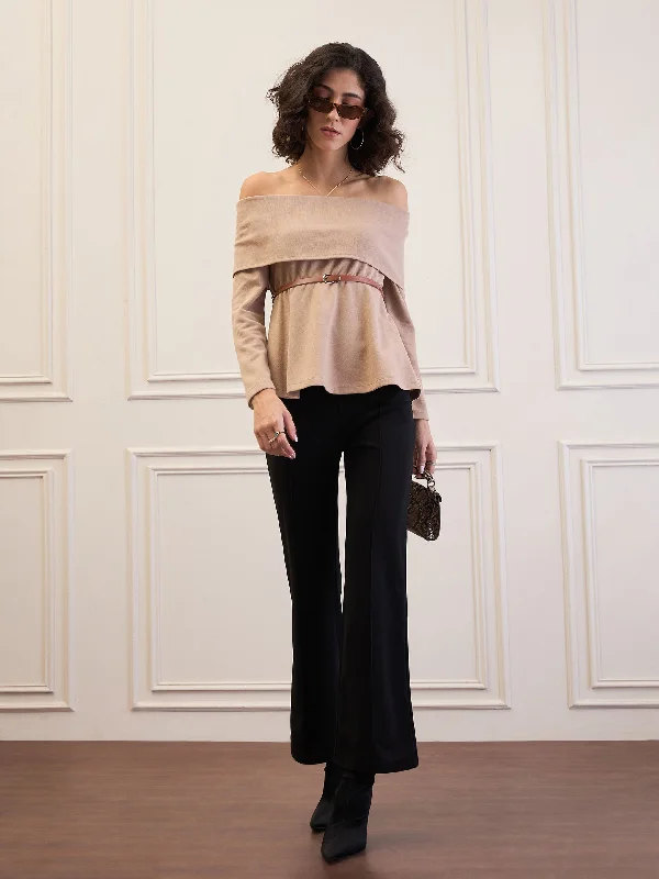 Women Beige Off-Shoulder Belted Peplum Top