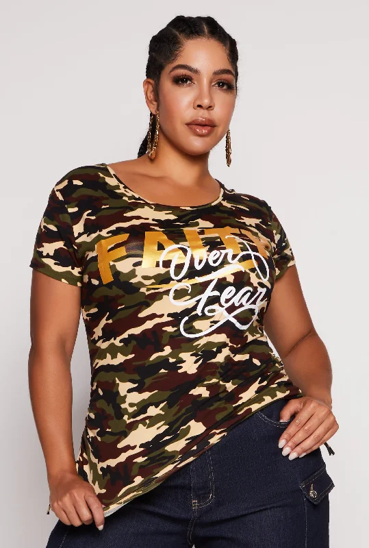 Plus Size Camo Faith Over Fear Graphic Tee