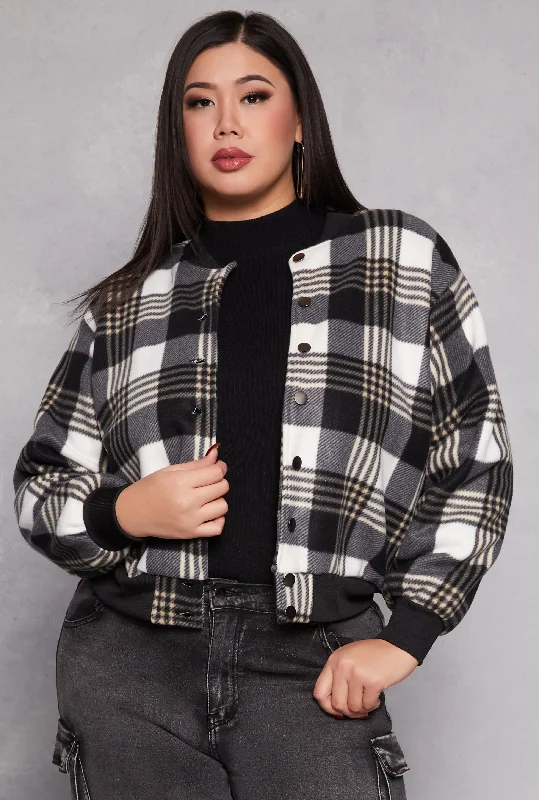 Plus Size Plaid Bomber Jacket