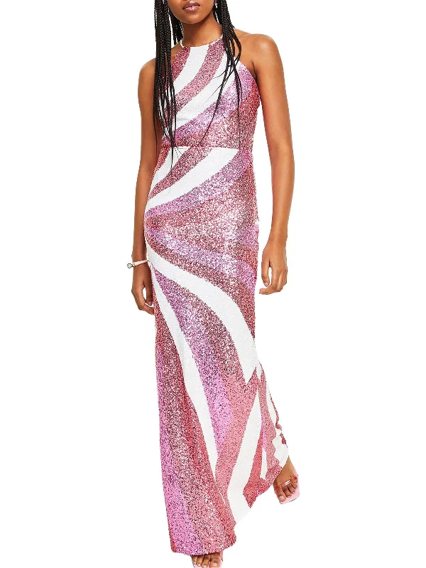 Juniors Womens Sequined Halter Evening Dress