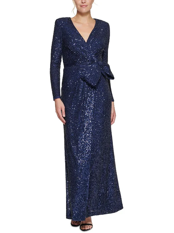 Womens Sequined Bow Evening Dress