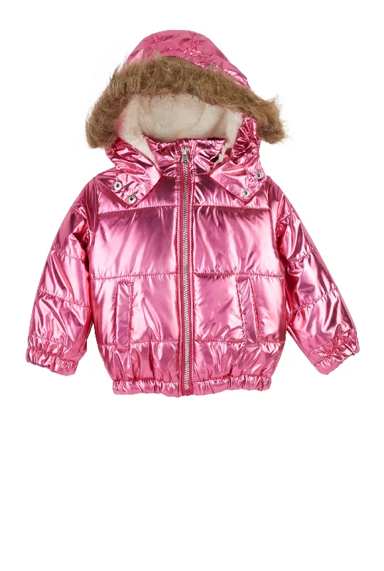 Toddler Girls Metallic Faux Fur Trim Puffer Jacket