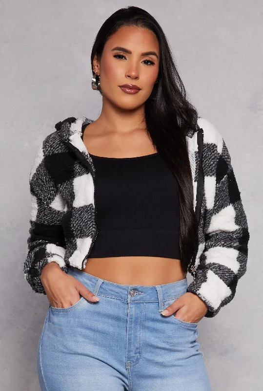 Buffalo Plaid Zip Front Hooded Cropped Jacket