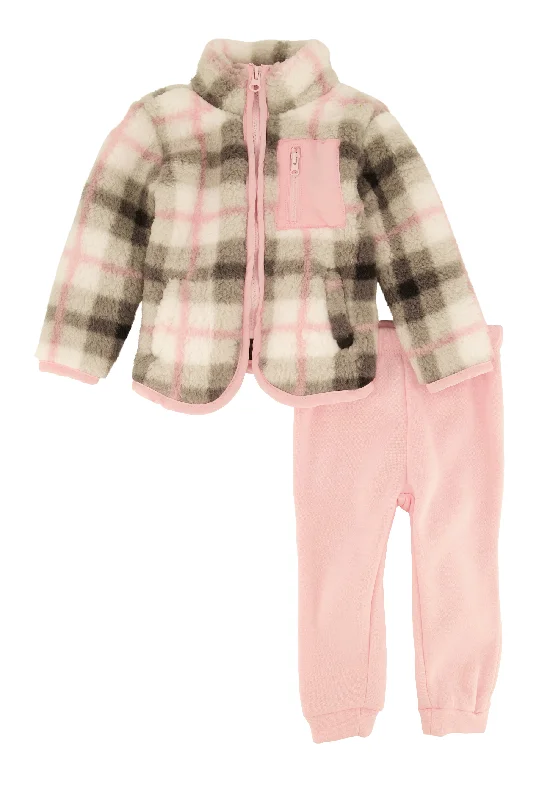 Baby Girls 12-24M Plaid Sherpa Jacket and Joggers