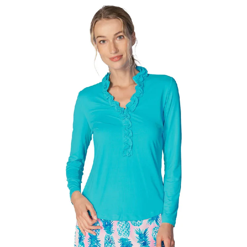 G Lifestyle Solid Long Sleeve Double Ruffle Top - Caribbean Turq