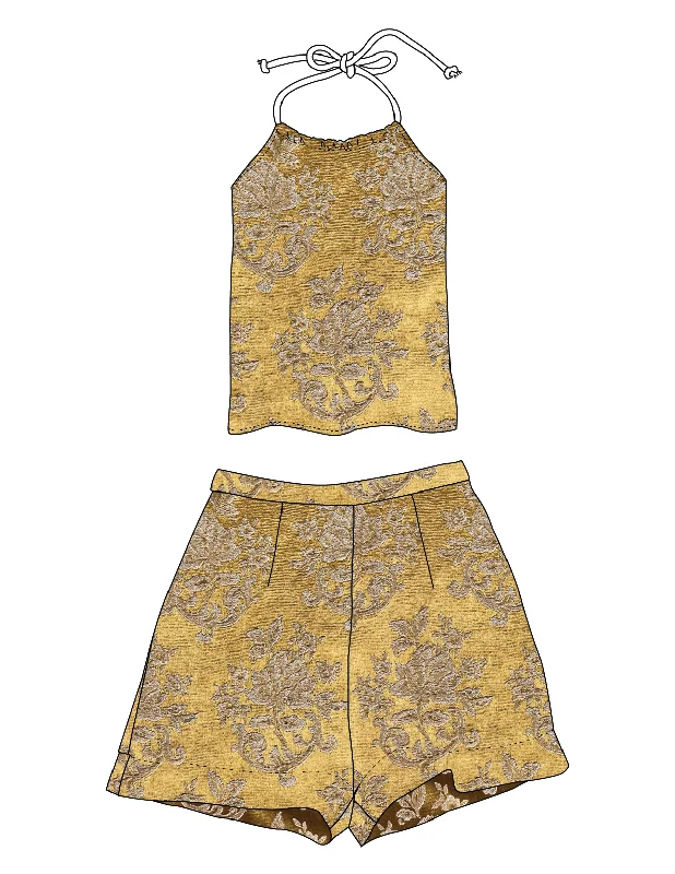 Gold Rose Silk Halter Top + Shorts Set