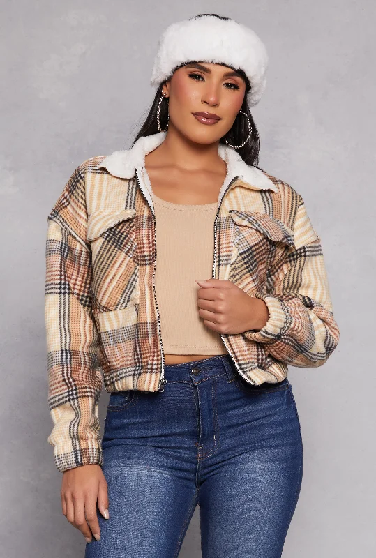 Plaid Sherpa Lined Cropped Jacket