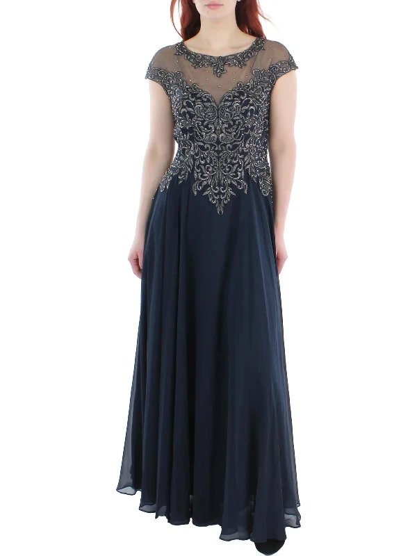 Petites Womens Embellished Illusion Evening Dress