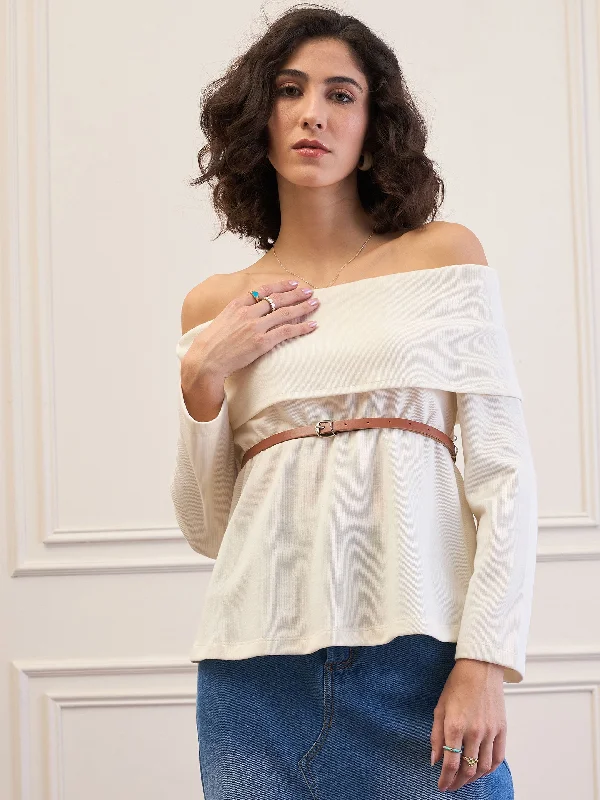 Women Off-White Off-Shoulder Belted Peplum Top