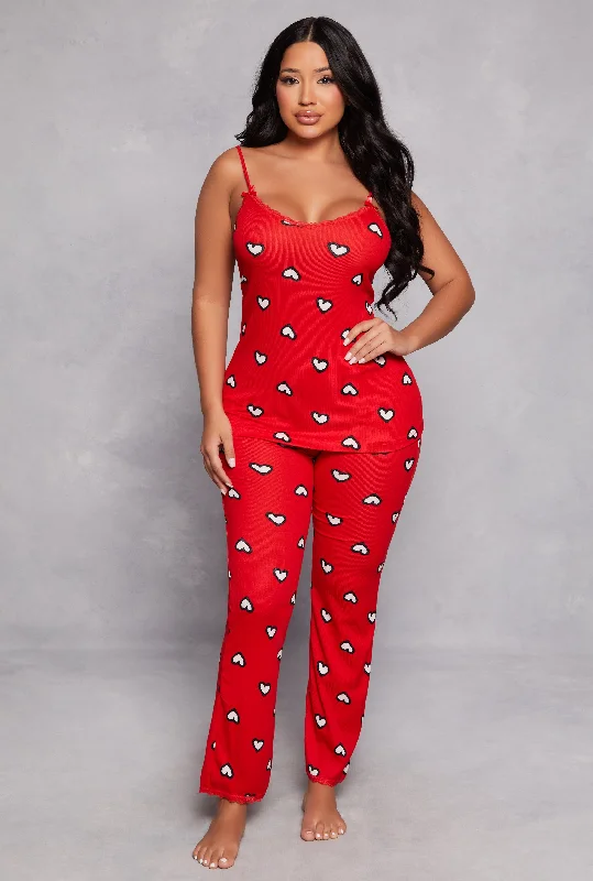 Heart Print Pajama Cami and Pants Set