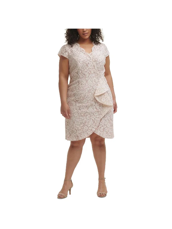 Plus Womens Lace Ruffle Cocktail and Party Dress